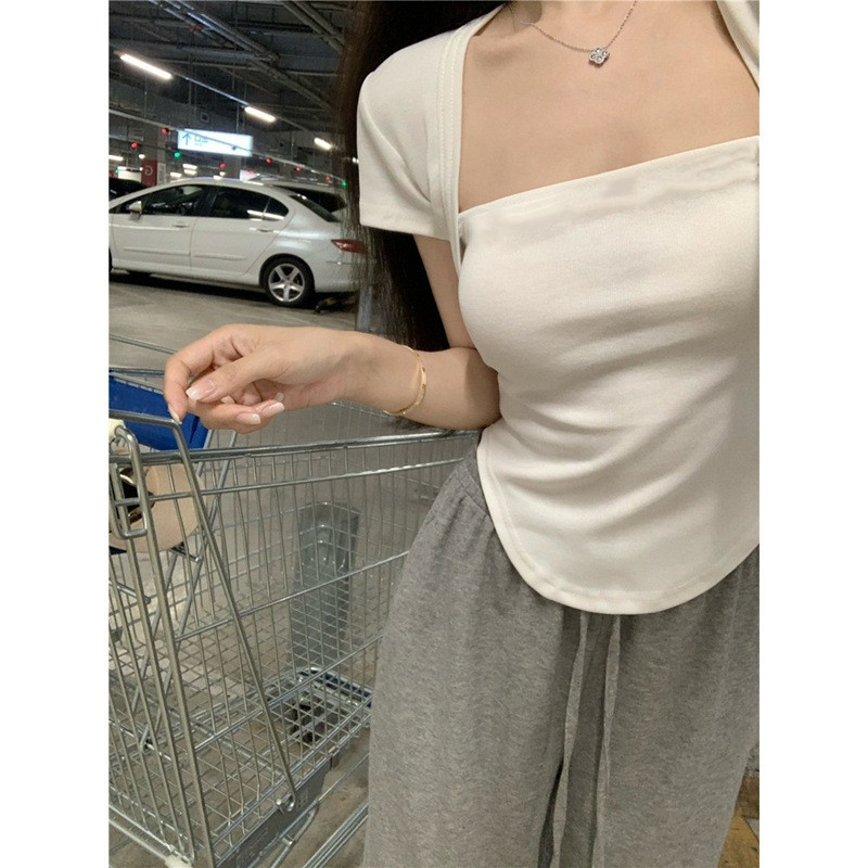 Camiseta blanca de manga corta con cuello cuadrado para mujer, nuevo estilo de verano 2026, top sexy de diseño ajustado, camiseta básica.