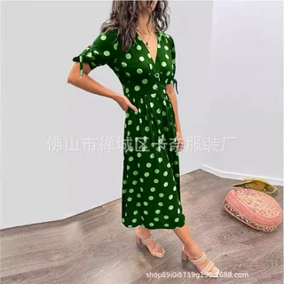 2024欧美跨境爆款新款春夏深V波点短袖收腰显瘦连衣裙