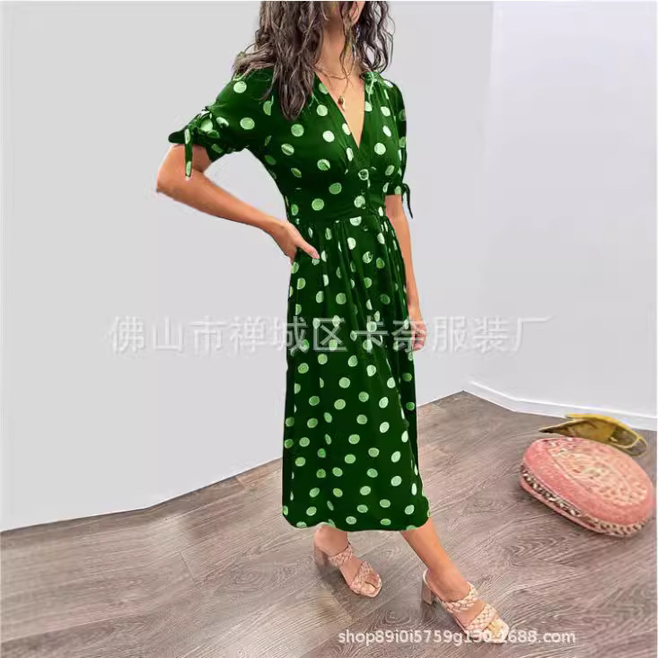 2024 Europe and the United States cross-border explosions new spring and summer deep V wave dot short sleeve waist slimming dress