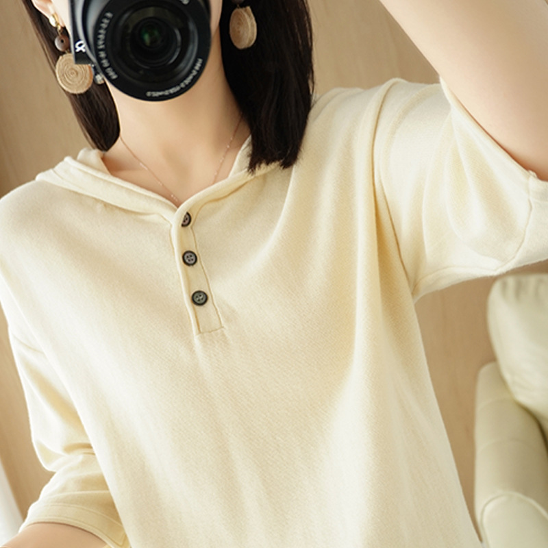 2022 Spring Summer Autumn New Hooded Woolen Sweater Women Loose Knitted Seven Sleeve Base Hoodie