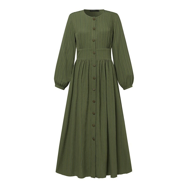 Source Factory Cross-Border Women's Clothing Retro Casual Fashion Puff Sleeve Long Cardigan Dress