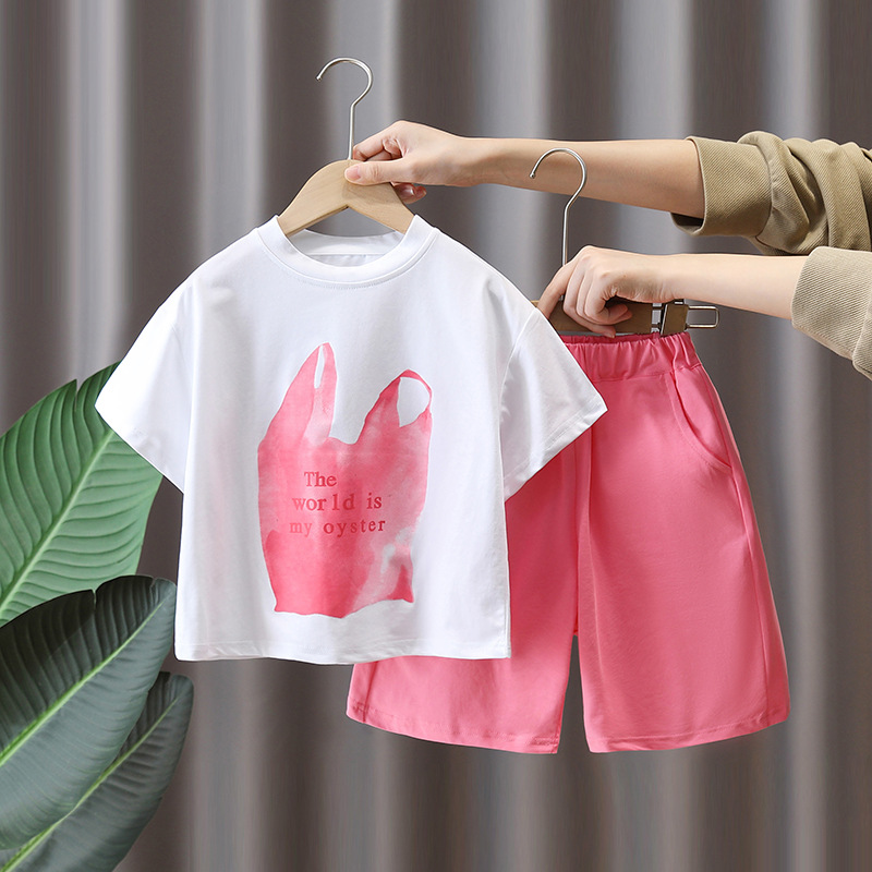 7221 Ropa para niños Traje de verano para niños 2025 Nueva camiseta estampada de manga corta para niños Traje de dos piezas de verano