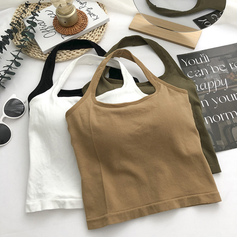 Cross-border Hot-selling Summer Anti-glare Solid Color Vest Sling Long Neck-wrapped Chest Fixed Cup Chest Pad Outer Wear Top