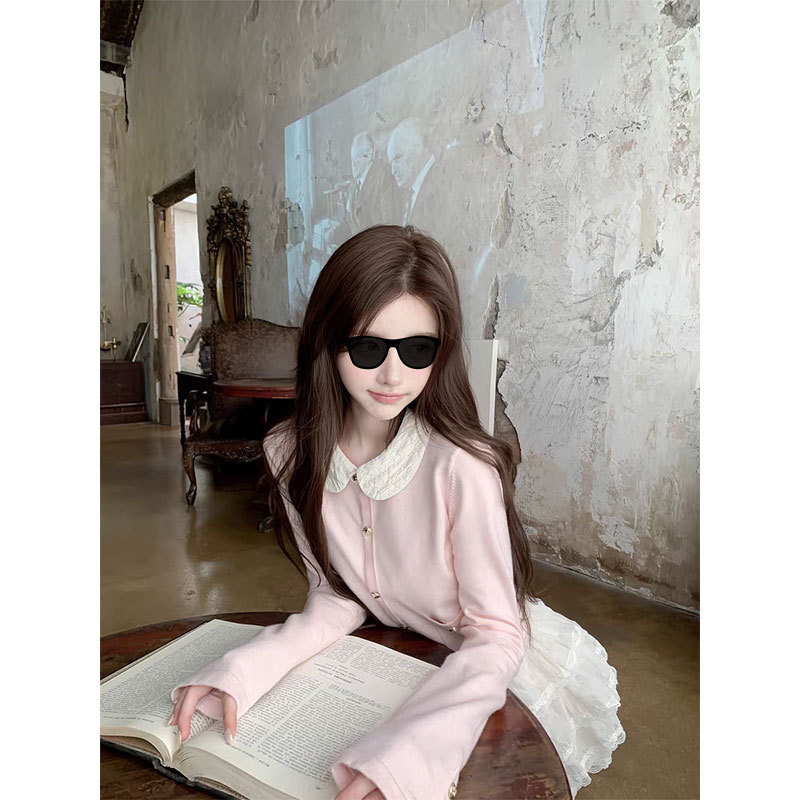 若语奶油小香 25B粉色小香可拆卸娃娃领针织开衫外套早秋上衣