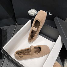 M9093-1 方头毛毛鞋女款秋新款绒面加绒软底外穿豆豆鞋玛丽珍单鞋