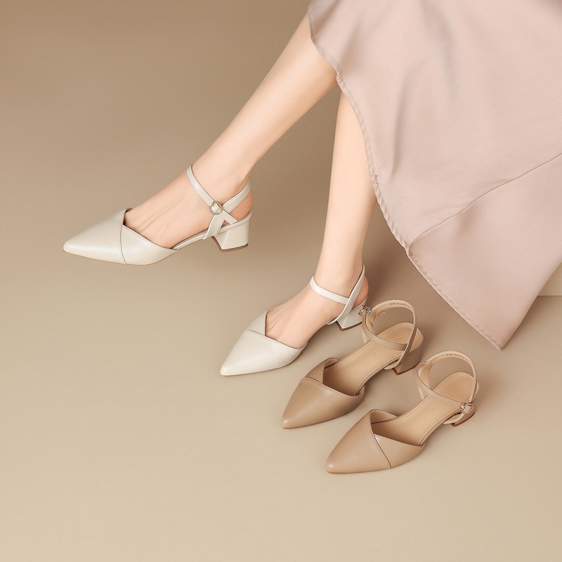 Sandal nữ cao gót quai ngang mũi nhọn phong cách Pháp — KN392 Màu be