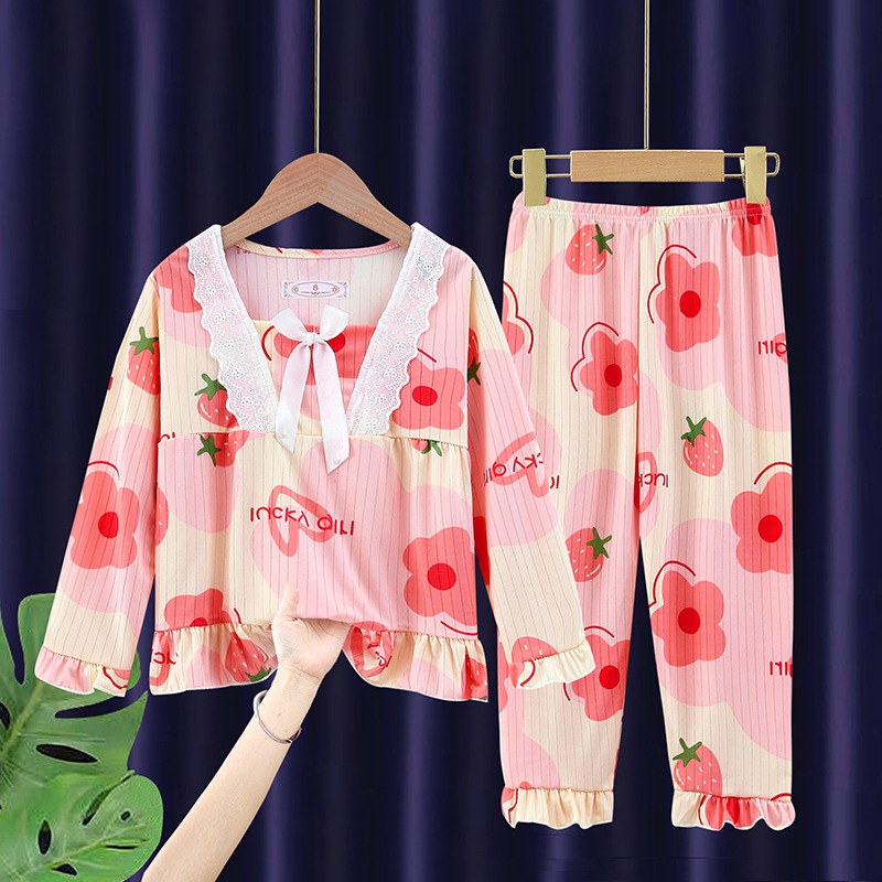 Pijamas para niños niñas de primavera y otoño traje de manga larga bebé Delgado mediano y grande niños niñas dulce dibujos animados homewear ropa exterior