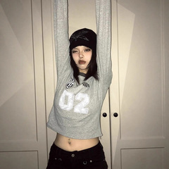 美式球衣风长袖t恤女秋季chic辣妹修身收腰运动短款内搭打底上衣