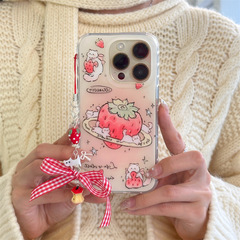 可愛卡通草莓貓咪掛墜適用iphone15Promax蘋果14手機殼13雙層12女