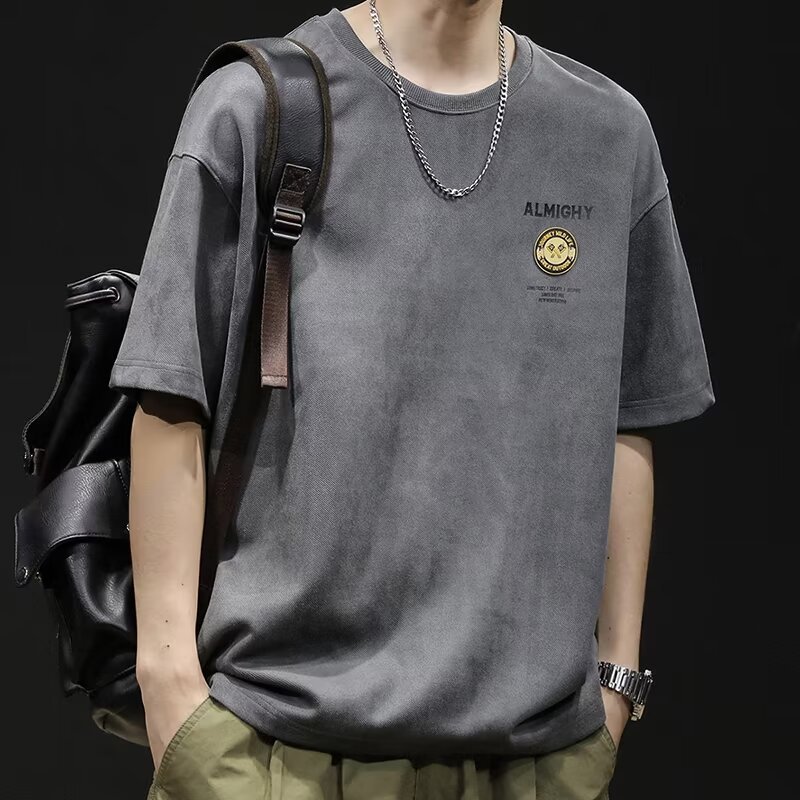 T-shirt homme en daim manches courtes tendance été décontracté_voghion.com