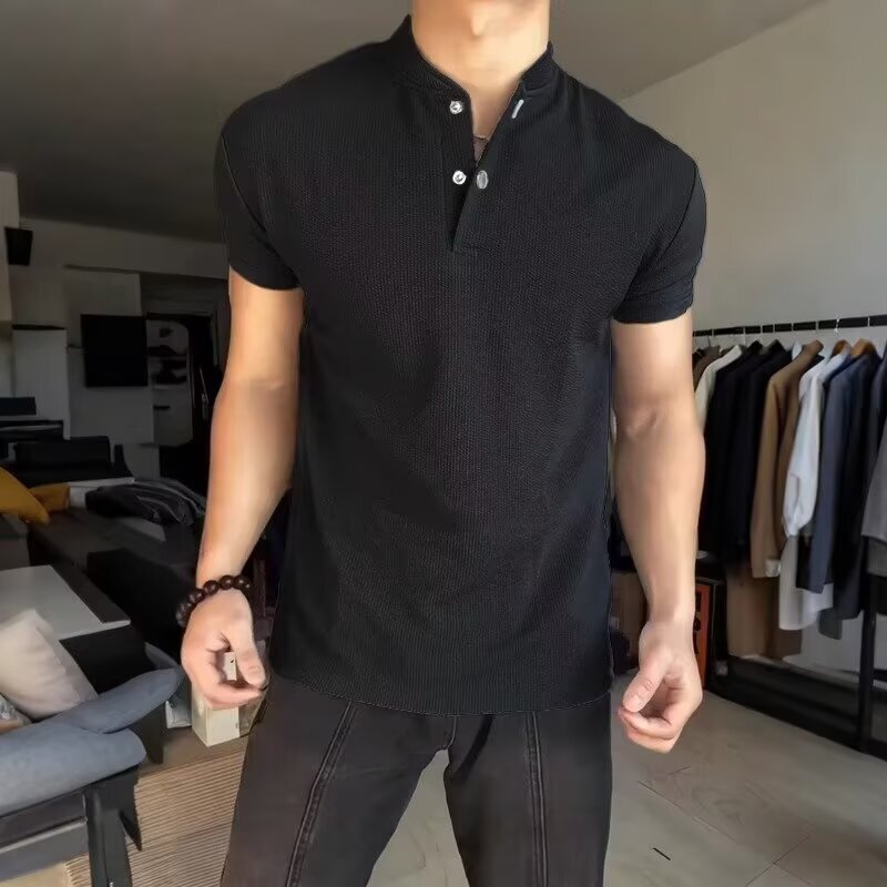 American-Style Henry Collar Short-Sleeved Men's Summer Sports and Fitness Wear T-Shirt, Tough Guy Style, Muscle-Showing Polo Shirt