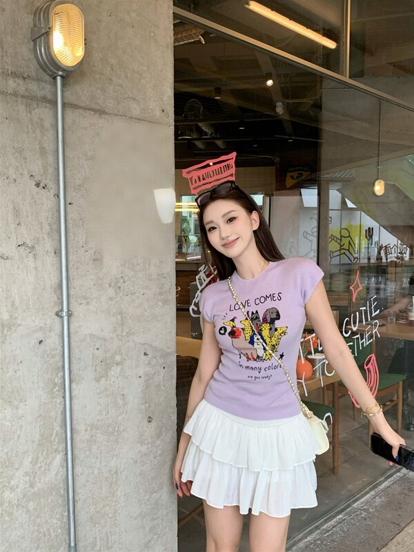卡通印花紫色圆领针织短袖t恤女夏季别致小众修身短款小飞袖上衣|undefined