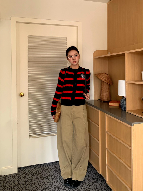 橘子树在哪儿复古卡其色拼接牛仔裤女春秋设计感直筒阔腿垂感裤子|undefined