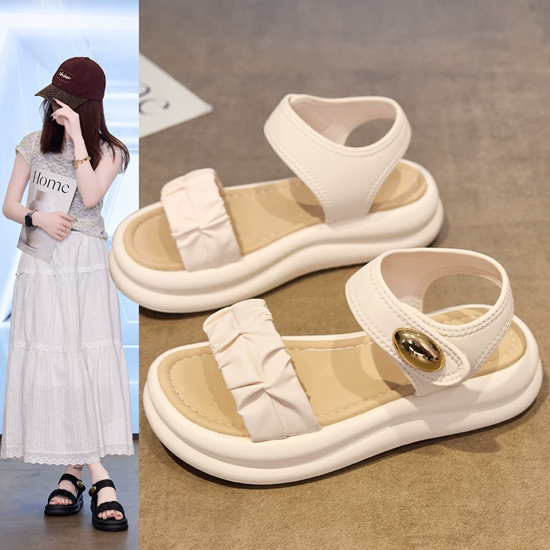 Летние женские сандалии 2025 года, новые, однотонные, с круглым носком, на липучке, в корейском стиле, на толстой подошве, больших размеров