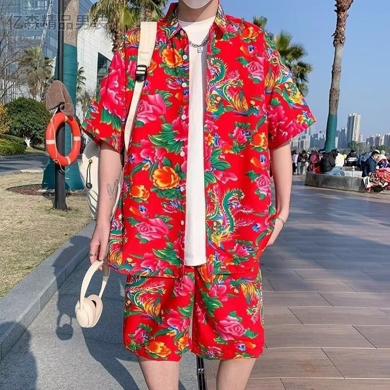 2025 홍콩 스타일 하와이안 비치 플라워 셔츠 남성 트렌디 브랜드 잘 생긴 트렌디 루즈 캐주얼 반소매 반팔 슈트