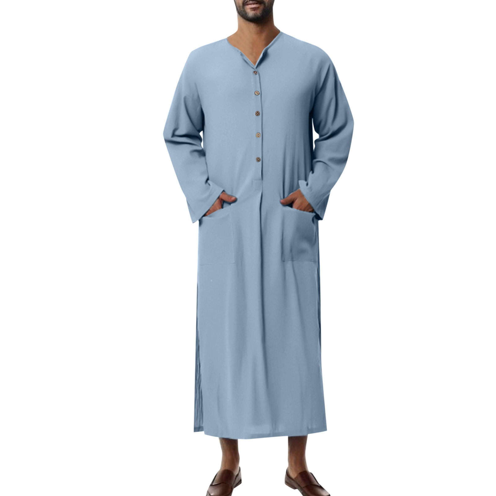 Sommer Herren Langarm Einfarbig Reine Baumwolle Lose Robe männer Muslimischen Robe_voghion.com