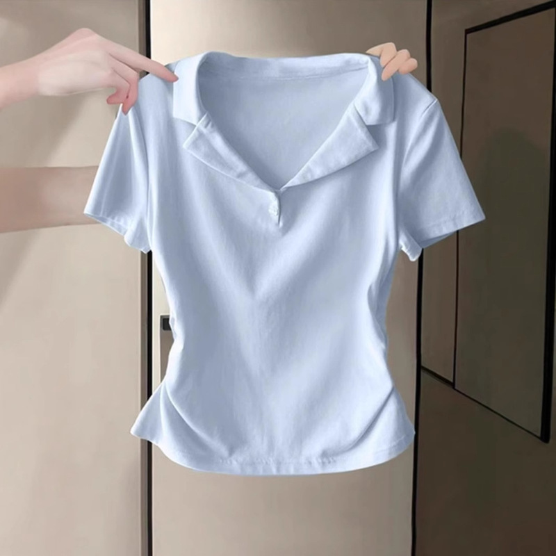 V-neck POLO shirt short-sleeved T-shirt women's summer slim-fit Korean-style bottoming shirt with short pleated waist-tight half-sleeved top
