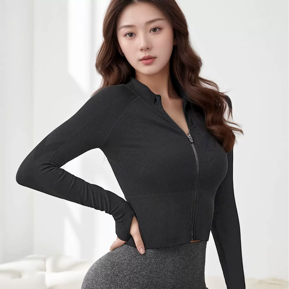 新款瑜伽服女拉链运动外套修身轻暖长袖跑步训练健身显瘦紧身上衣