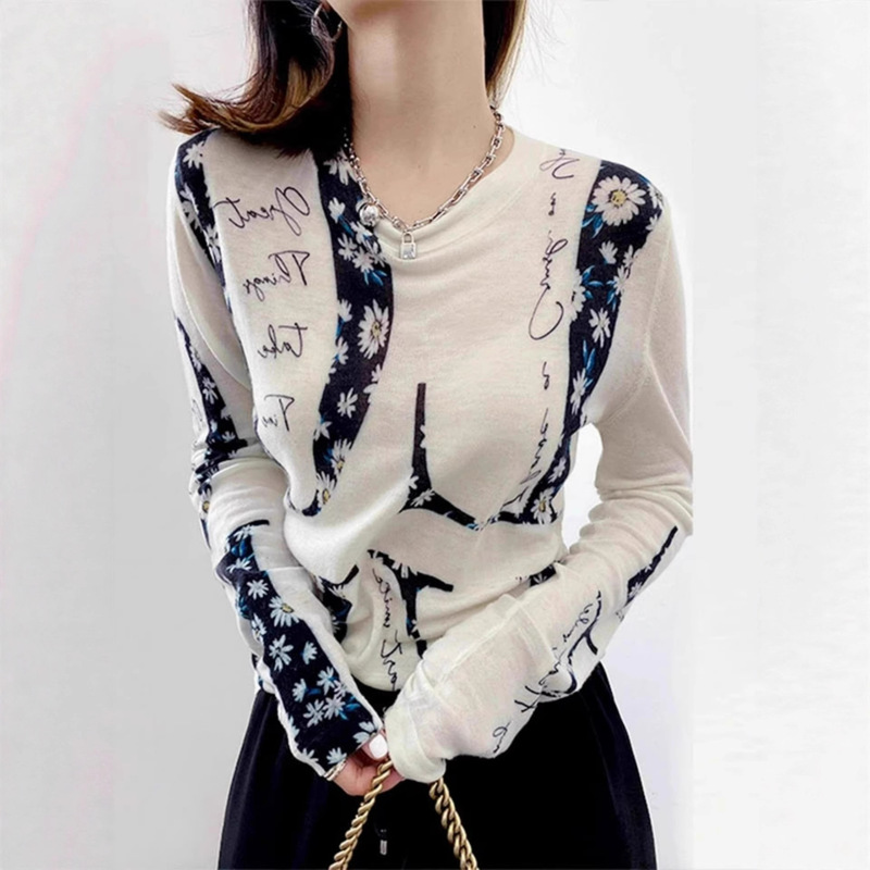 Beautiful Creative Printed Long-Sleeved Knitwears for Women to Wear in Early Autumn, Thin Slim-Fitting T-Shirt Tops Beautiful Creative Printed Long-Sleeved Knitwears for Women to Wear in Early Autumn, Thin Slim-Fitting T-Shirt Tops