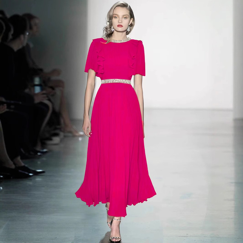 Spring and Summer New Women's Clothing Chiffon Heavy-duty Pleated Large Swing Long Dress Beaded Round Neck Ruffled Short Sleeve Slimming dress