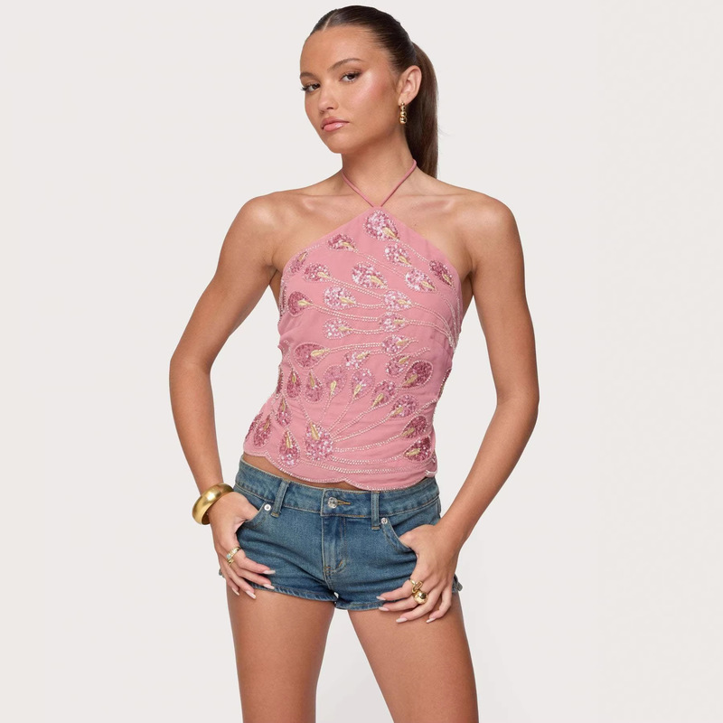 2026 Spring New Women's Fashion Jennin Style Sexy Halter Neck Sequin Tube Top for Women