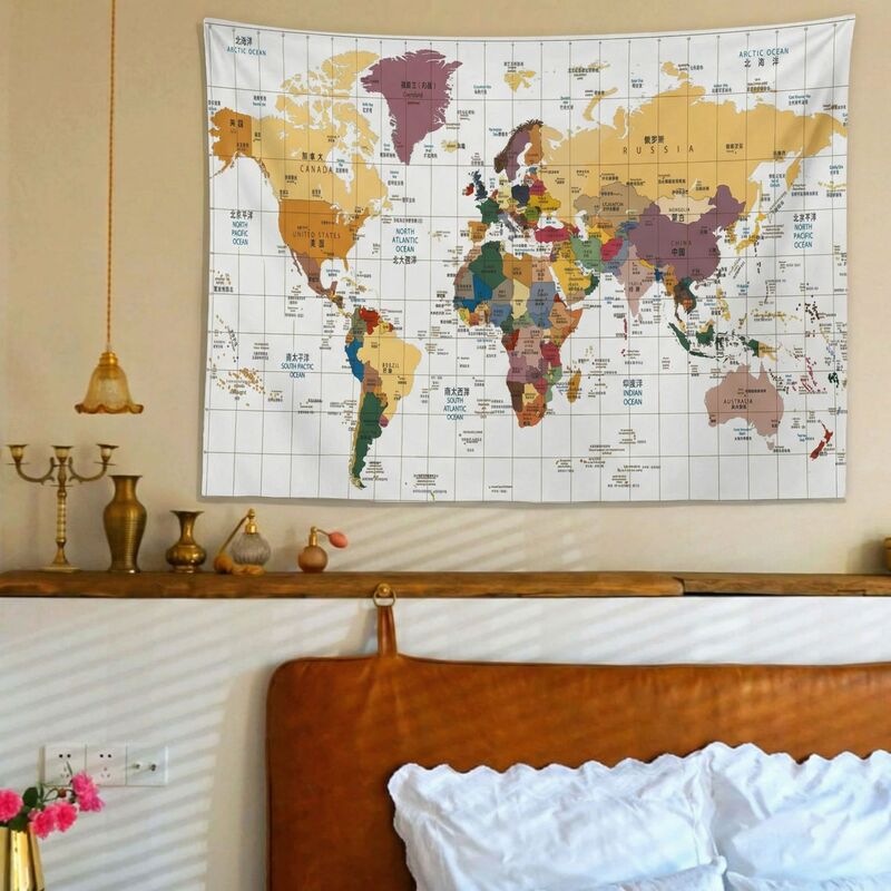 High-Definition World Map Wall Hanging with Chinese and English Annotations for Students' Geography Learning, Dormitory Bedside Background Wall Decoration Tapestry