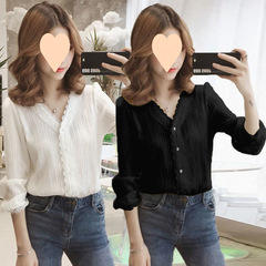 Chiffon shirt long-sleeved women's 2025 spring and summer collar loose outside and inside white base shirt versatile short top