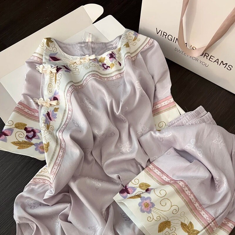 National Style New Chinese Style Retro Purple Floral Pajamas for Women Summer Ancient Style Short-Sleeved Long Pants Set Plus Size Home Wear National Style New Chinese Style Retro Purple Floral Pajamas for Women Summer Ancient Style Short-Sleeved Long Pants Set Plus Size Home Wear
