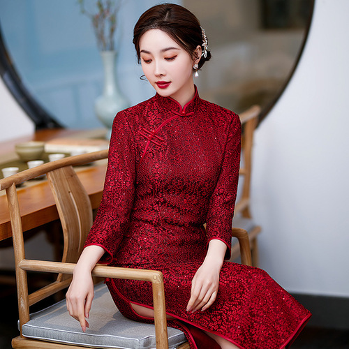Retro Chinese Dress oriental old shanghai Qipao bride qipao dress lace improved cheongsam red long gown open fork