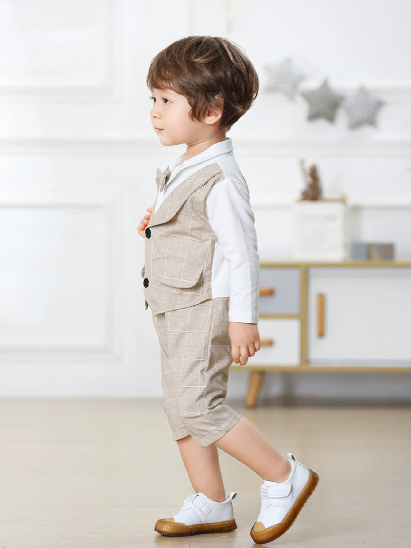 Spot cross -border spring and autumn new babies handsome connecting children's plaid fake two -piece fake