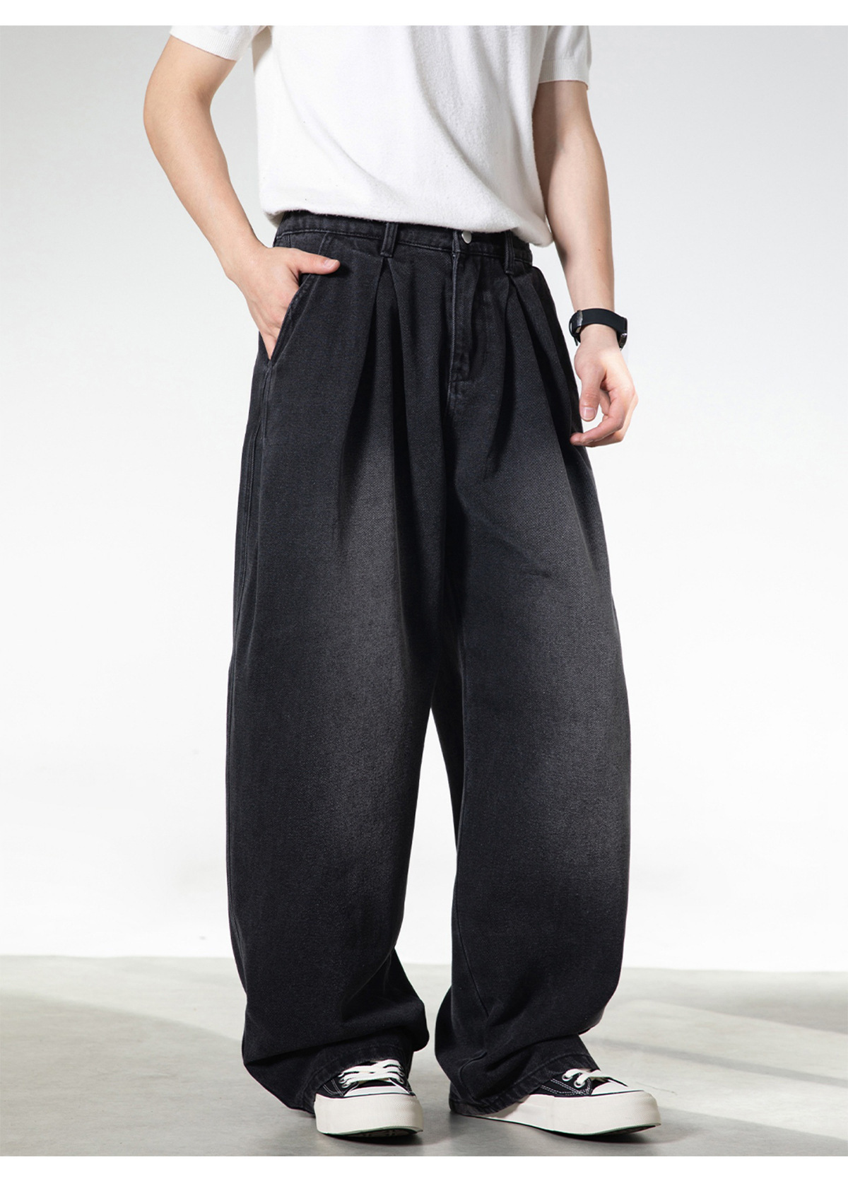 Retro Washed Oversized Jeans for Men Straight Leg Loose Fit Casual Trousers Split Pleats mid Waist Cotton Spring Style_voghion.com