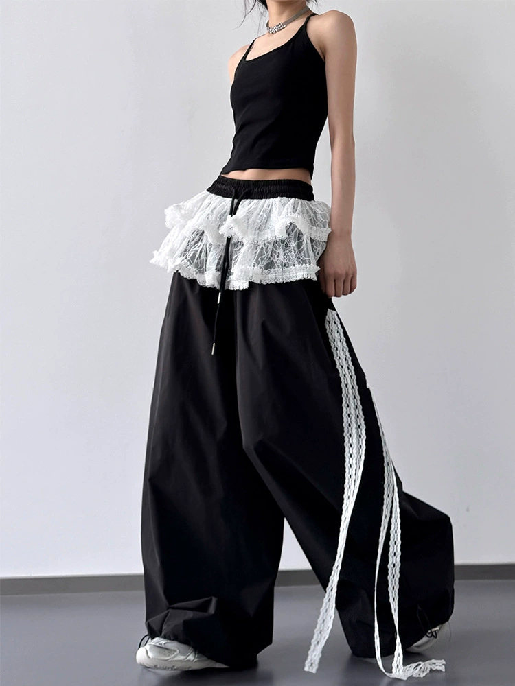 Летние брюки из кружевного дизайна, свободного кроя, высокий пояс, oversize
