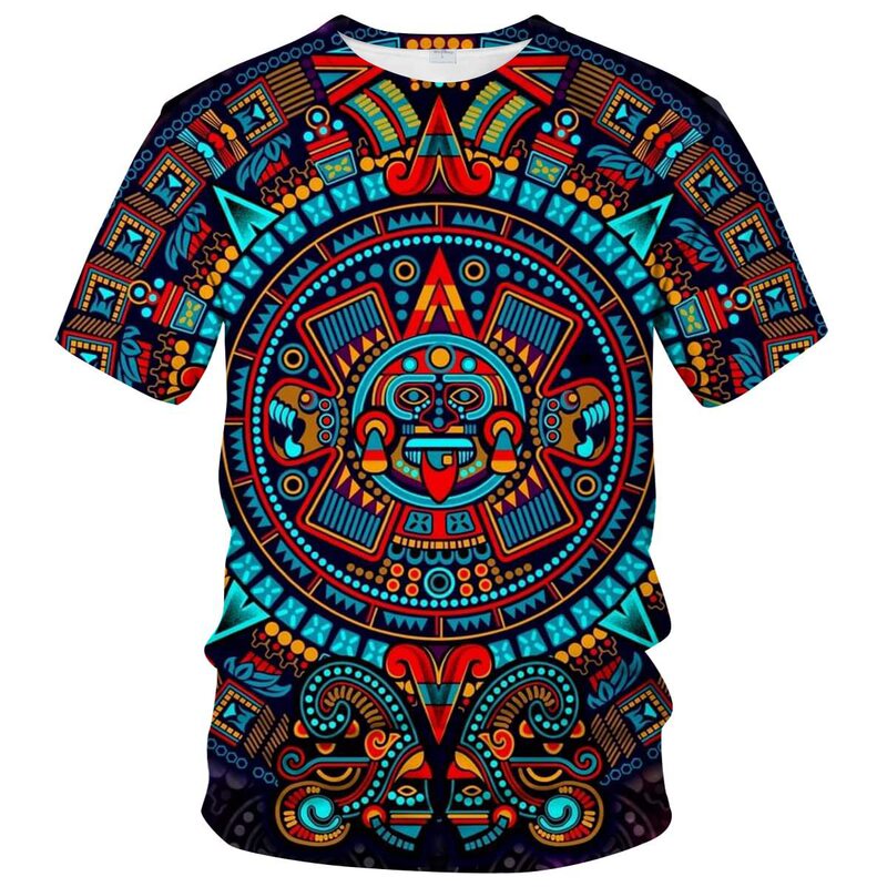 Men's Mexican T-Shirt Summer Short Sleeve T-Shirt Top Maya Culture Theme Shirt Realistic Pattern Shirt