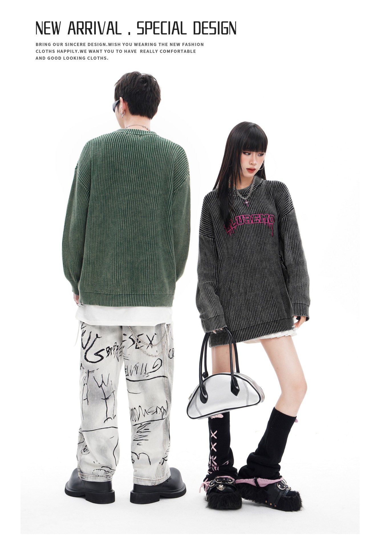 Vêtements pour hommes Automne et hiver haute rue rétro délavé à l'eau lettre broderie rue dynamitage à la mode tout match pull tricoté à col rond_voghion.com