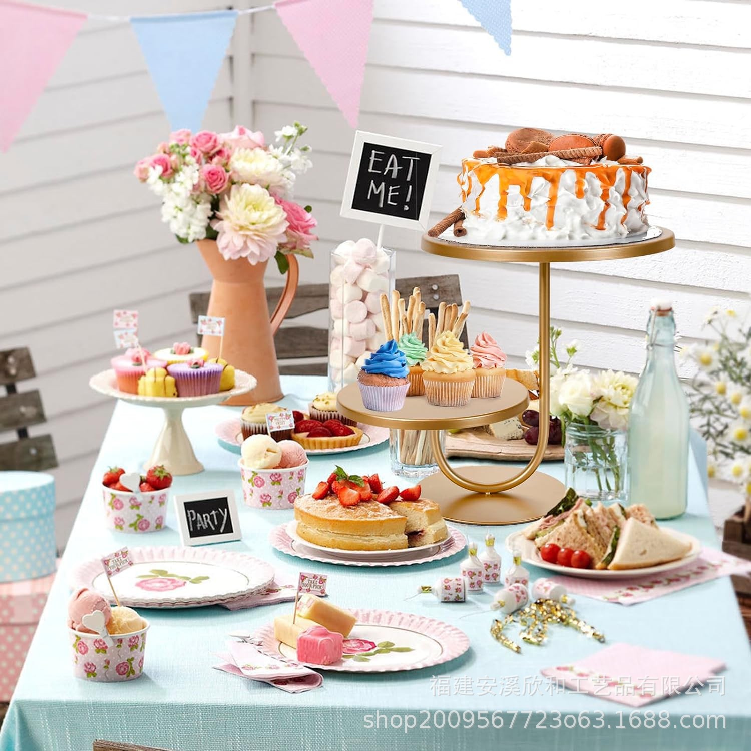 Fiesta de exhibición de pastel de hierro estante de exhibición de pastel de arte estante de exhibición de arena amarillo transfronterizo amarillo dorado redondo doble capa