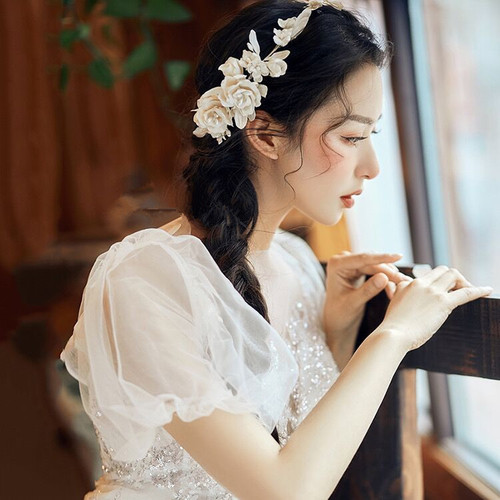 yellow petals hair hoop headdress bride wedding dress dress photo shoots with makeup modelling