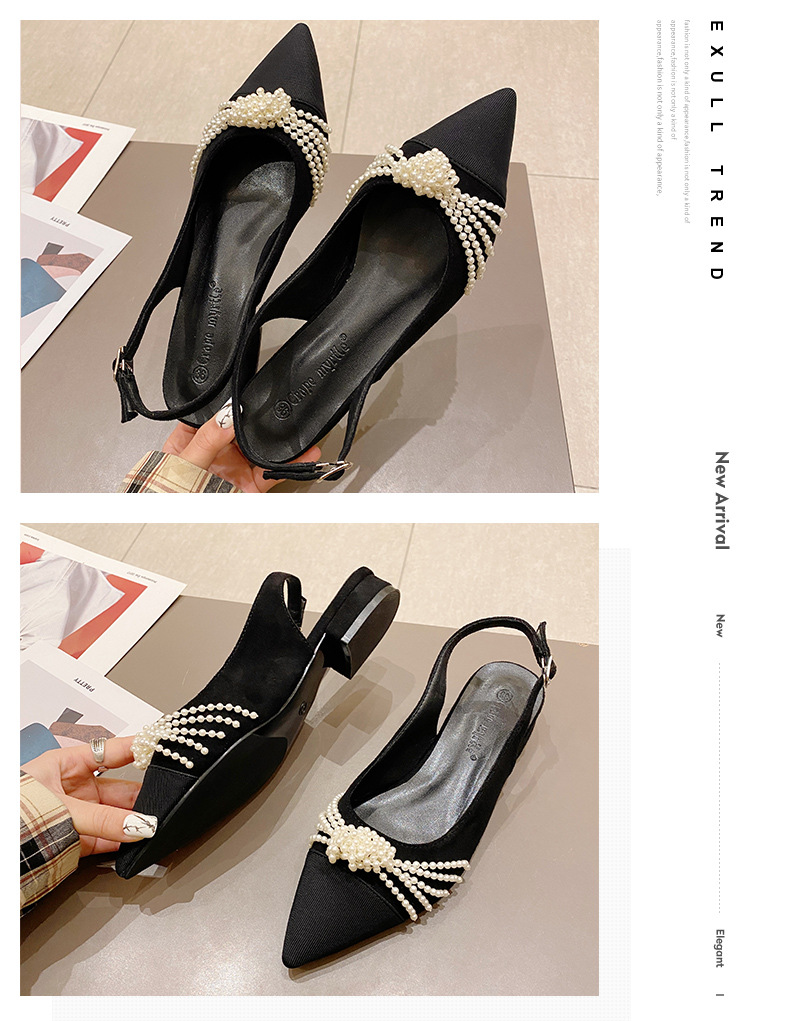 Baotou trasero vacío zapatos para mujeres 2022 nuevo cinturón de trampa negro pequeño viento de perla de talón bajo zapatos de punta clara