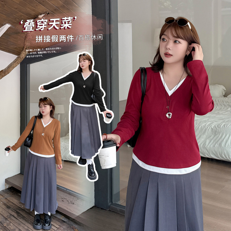 Inno Plus-Size Women's Faux Two-Piece V-Neck Knit Sweater, Autumn Color-Blocking Basic Long-Sleeve Base Shirt 313138