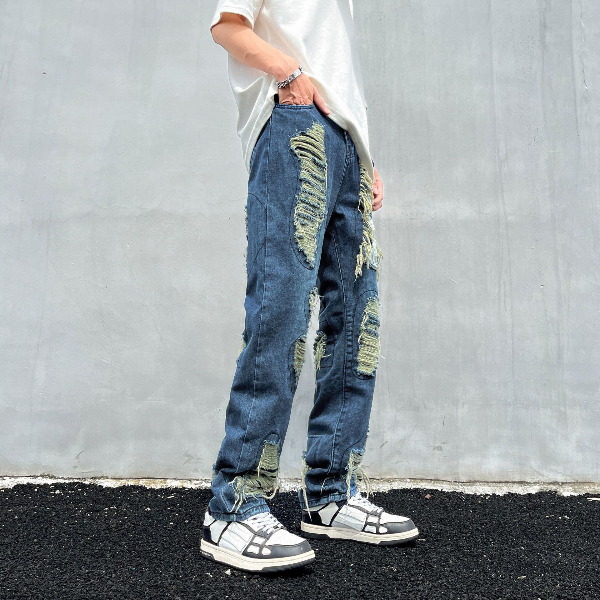 Tie-Dye Ripped Jeans For Men And Women American High Street Vintage Washed Slim Fit Flared Pants_mkmklike.com