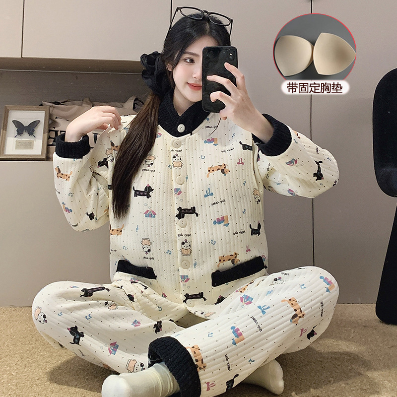 Maternity Nursing Pajamas with Breast Pads, Postpartum Autumn and Winter Thickeneded Air Cotton Confinement Clothes, Stand-Up Collar Warm Suit, Large Size Maternity Nursing Pajamas with Breast Pads, Postpartum Autumn and Winter Thickeneded Air Cotton Confinement Clothes, Stand-Up Collar Warm Suit, Large Size
