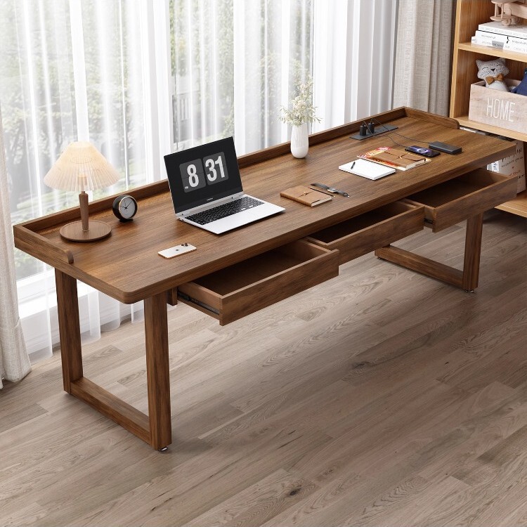 All Solid Wood Double Desk, Antique Style Home Office Writing Desk, Bedroom with Drawer, Study Computer Desk