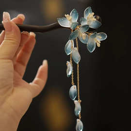 新中式古风雪莲花流苏发簪高级感2025新款国风盘发木簪旗袍配饰女