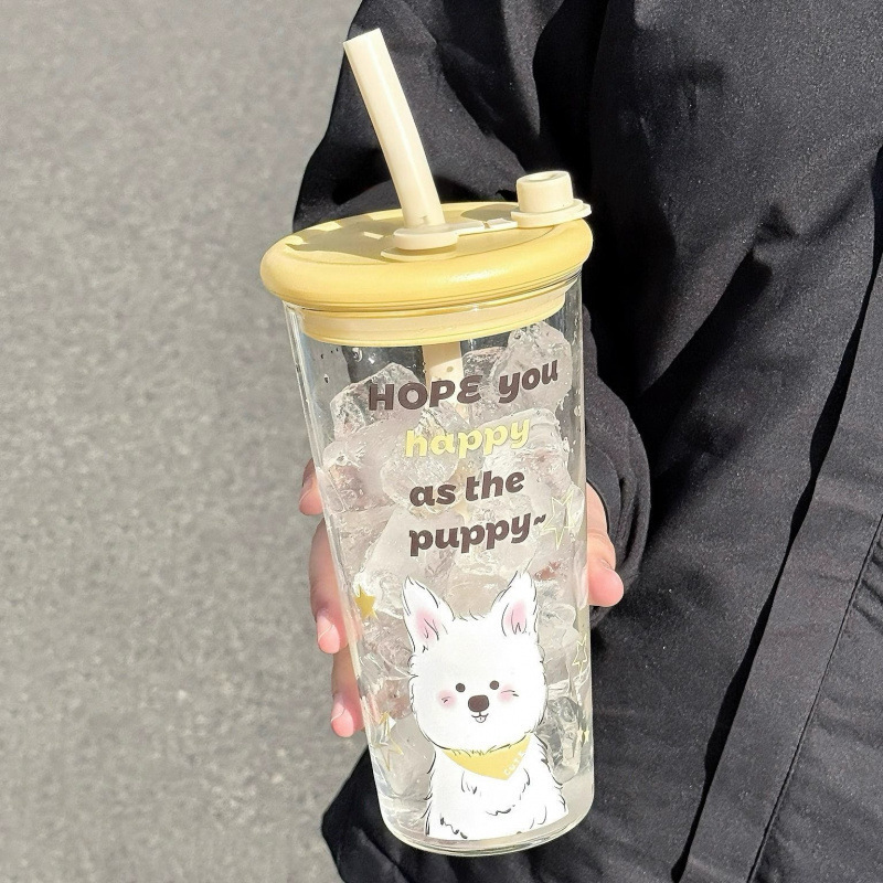 かわいい子犬のグラス大容量2025新型学生高颜値コップストロー付き夏コップ携帯|undefined