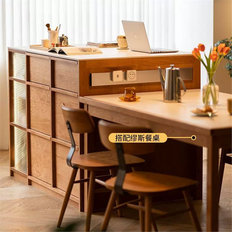 北欧全实木岛台樱桃木岩板餐厅吧台收纳柜橱柜餐边柜储物柜置物柜