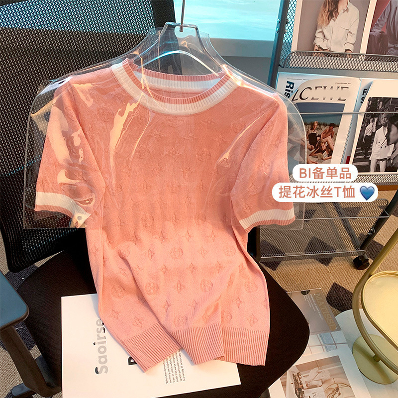 Factory Direct Sales Knitted Knitwear Women's Summer Thin Top Ice Silk Short-Sleeved T-Shirt Women's Fashionable Elegant Small Fragrance Round Neck