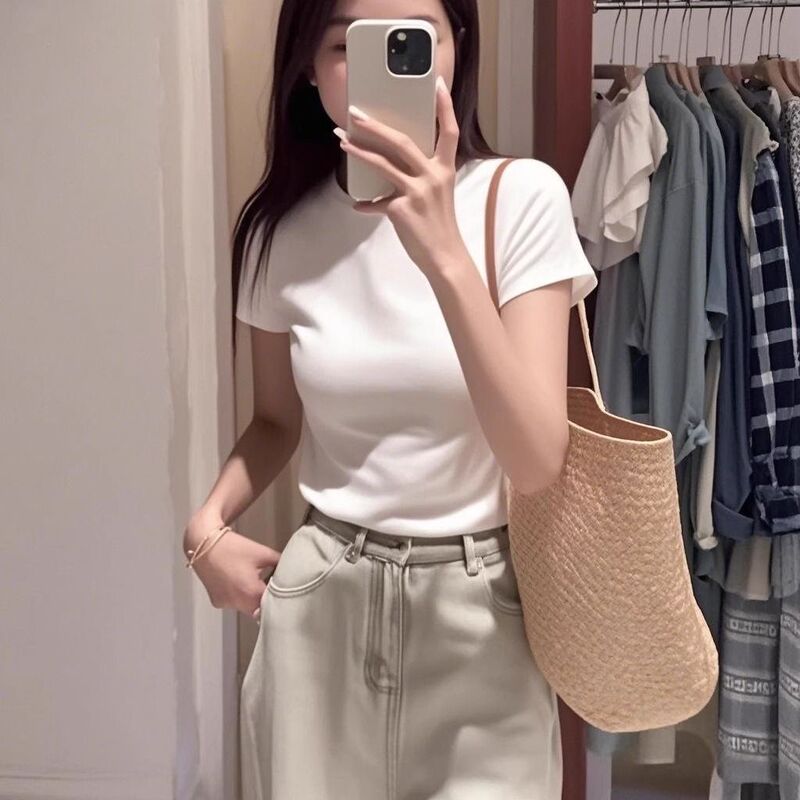 2025新款泰式多巴胺橘色印花正肩短袖T恤女夏季穿搭圆领体恤上衣|undefined