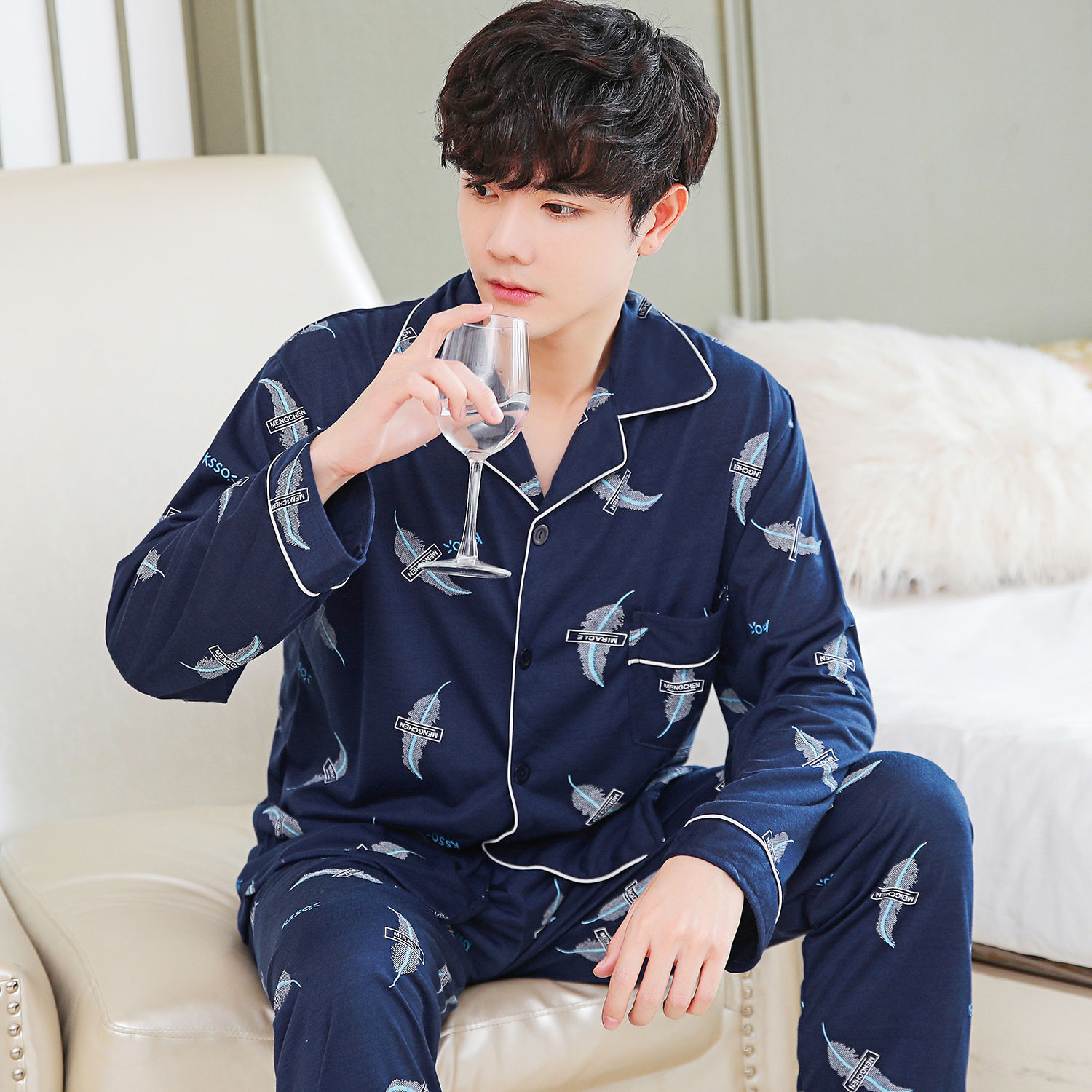 Pijamas de hombre Pijamas de primavera y otoño pantalones de algodón de manga larga de los hombres cardigan verde de mediana edad ropa de hogar traje de invierno para los ancianos