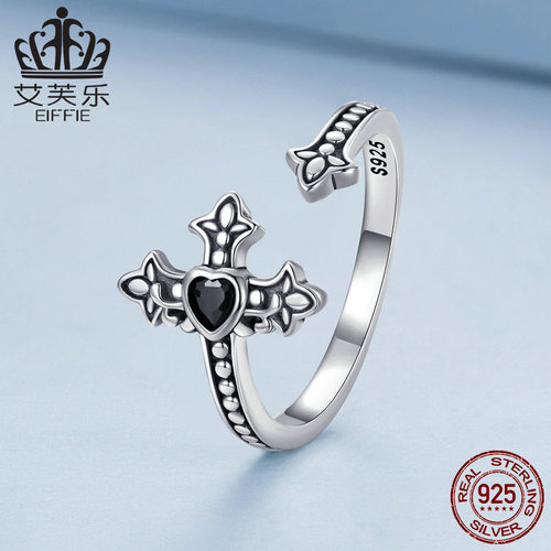 Avro original s925 sterling silver cross open ring simple black heart-shaped zircon dark ring bracelet