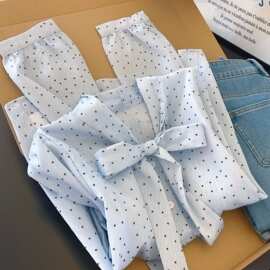 甜美清纯风少女蝴蝶结灯笼袖衬衫女秋季小众减龄波点领系带衬衫