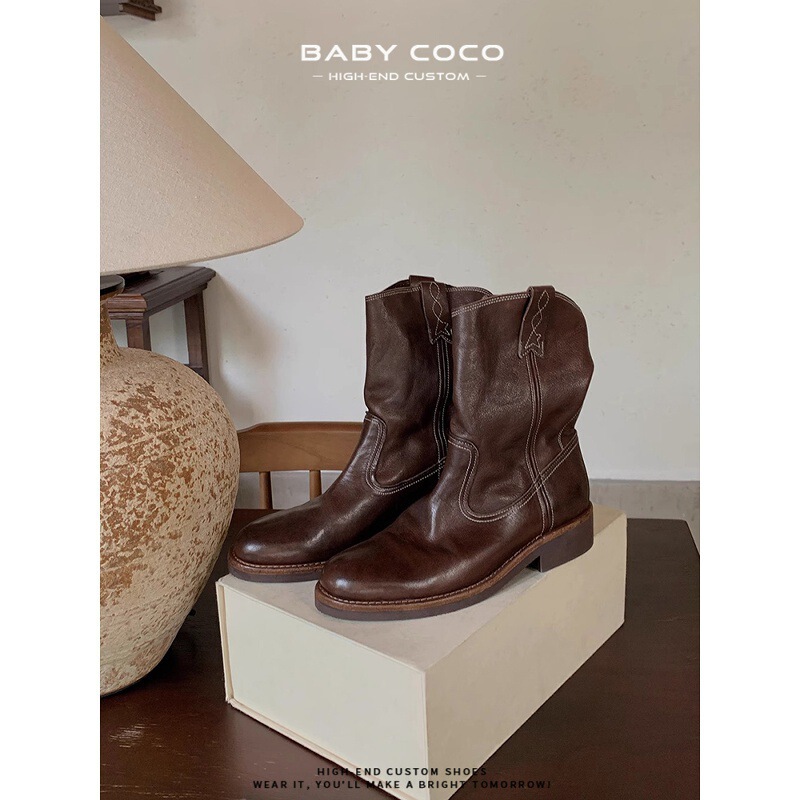 Sheepskin~V-Mouth Western Cowboy Boots Women's Autumn and Winter Maillard Slim Boots Thick Heel Mid-Tube Desert Boots Motorcycle Short Boots